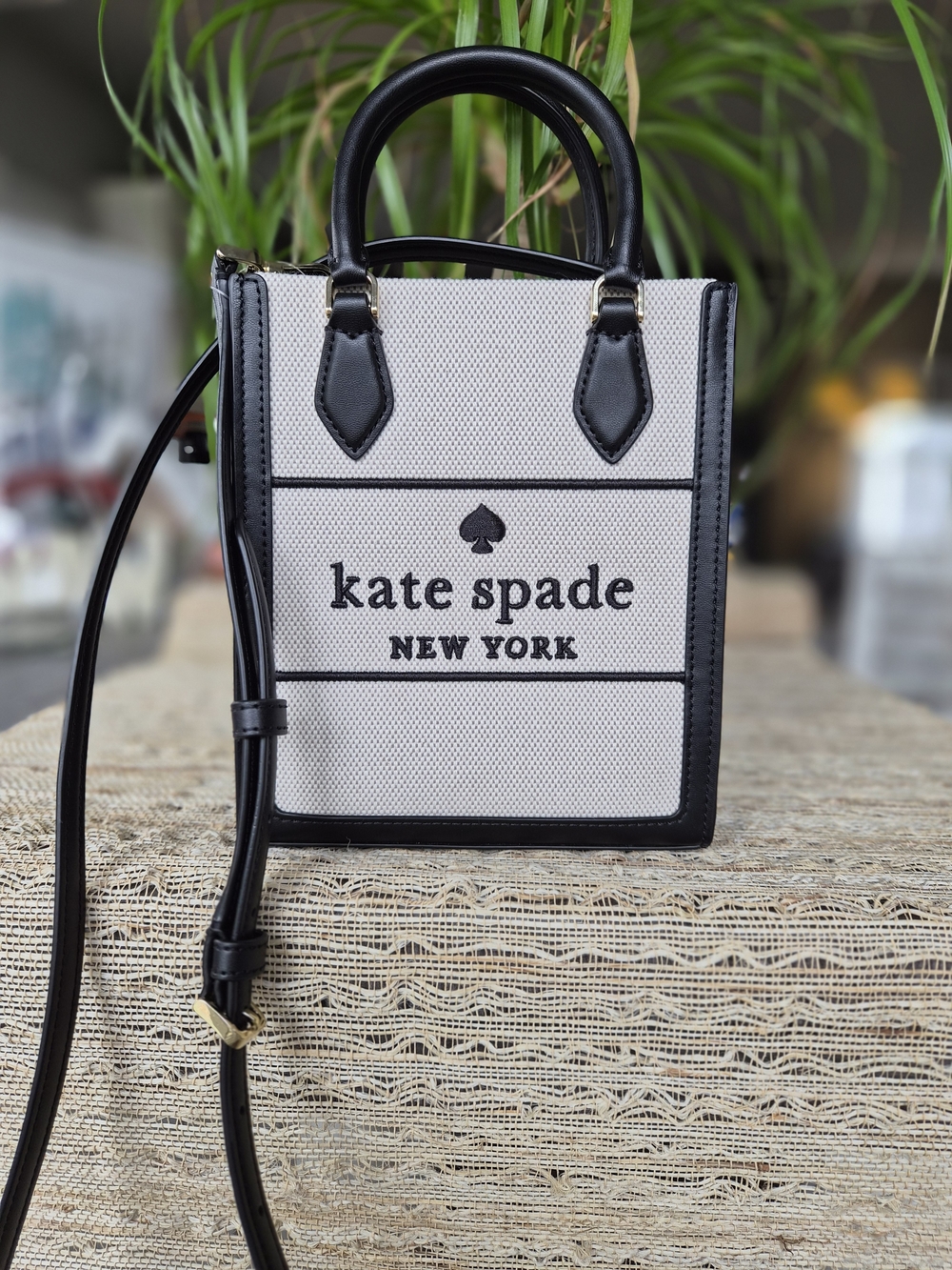 kate spade Black & Cream Mini Canvas Crossbody Tote